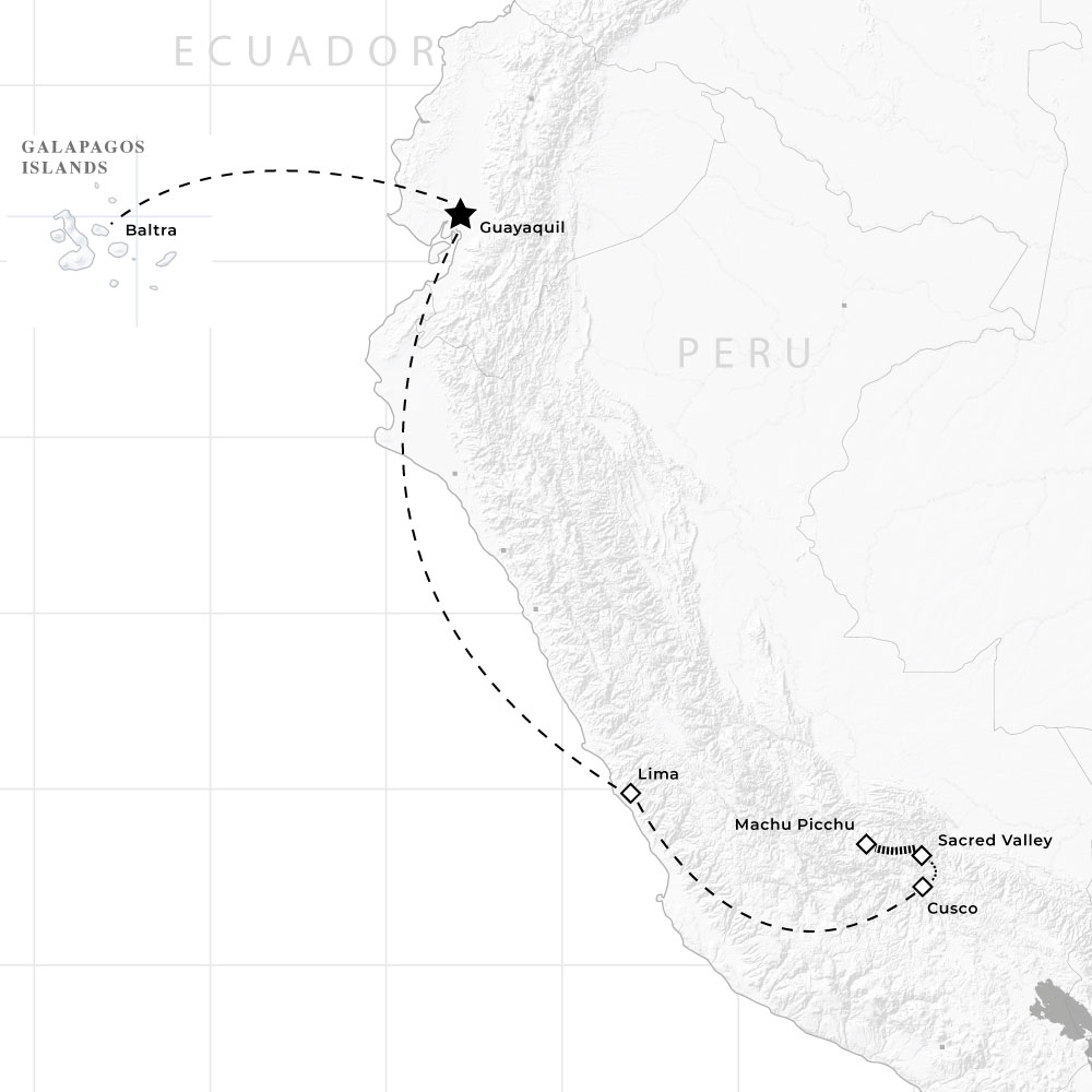 Map route for tour: Luxury Peru - Ecuador: Wonders of the Galapagos & Machu Picchu 2024-2025