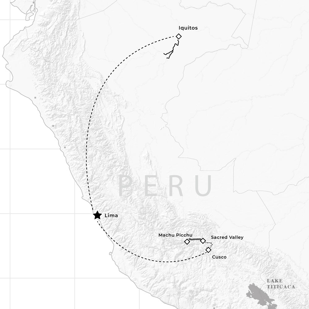 Map route for tour: Luxury Peru: Machu Picchu & the Amazon 2024-2025