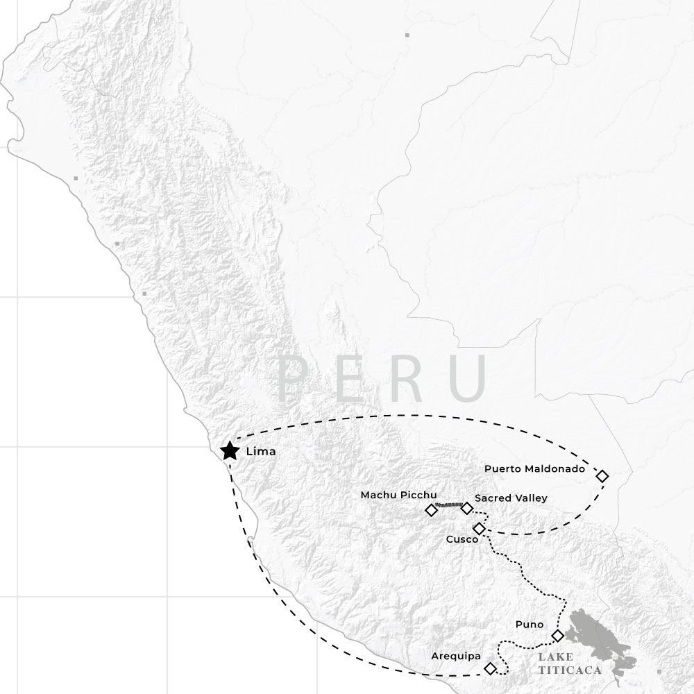 Map route for tour: Tailor Made Peru: Machu Picchu, Amazon and Lake Titicaca