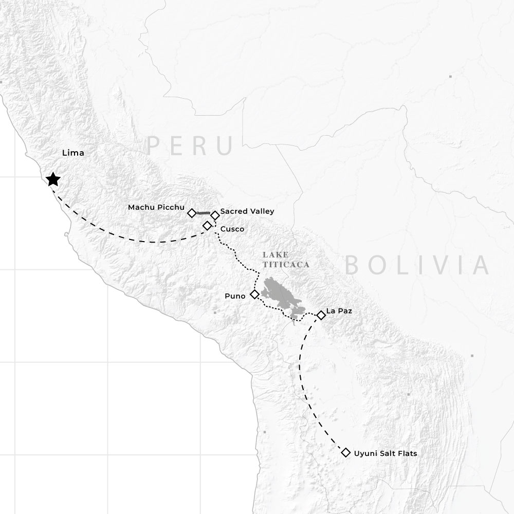 Map route for tour: Peru & Bolivia Highlights